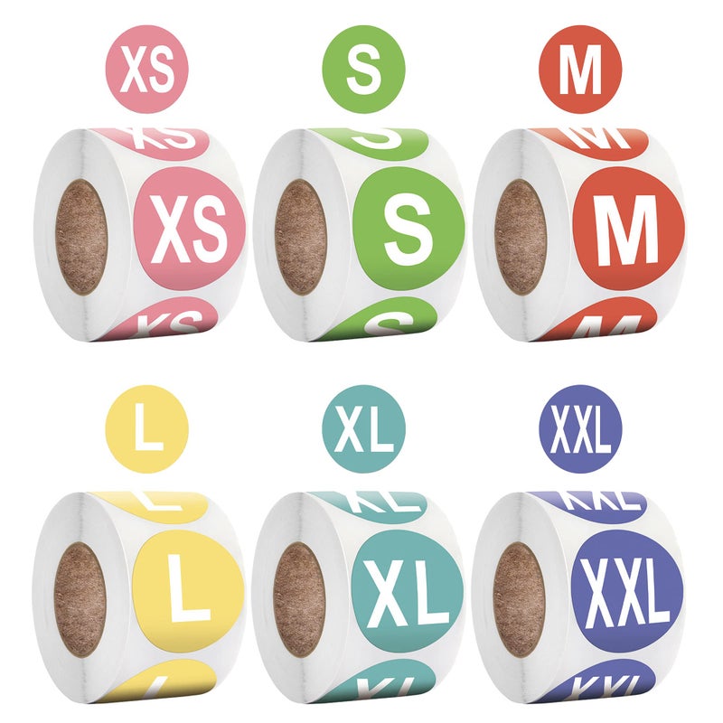 FEILIBAY 3000Pcs Clothing Size Stickers 1 inch Round Coded Self Adhesive Labels TShirt Size Stickers for Clothes Shirt Skirt Retail 6 Rolls 6 SizeXS S M L XL XXL Assorted Colors