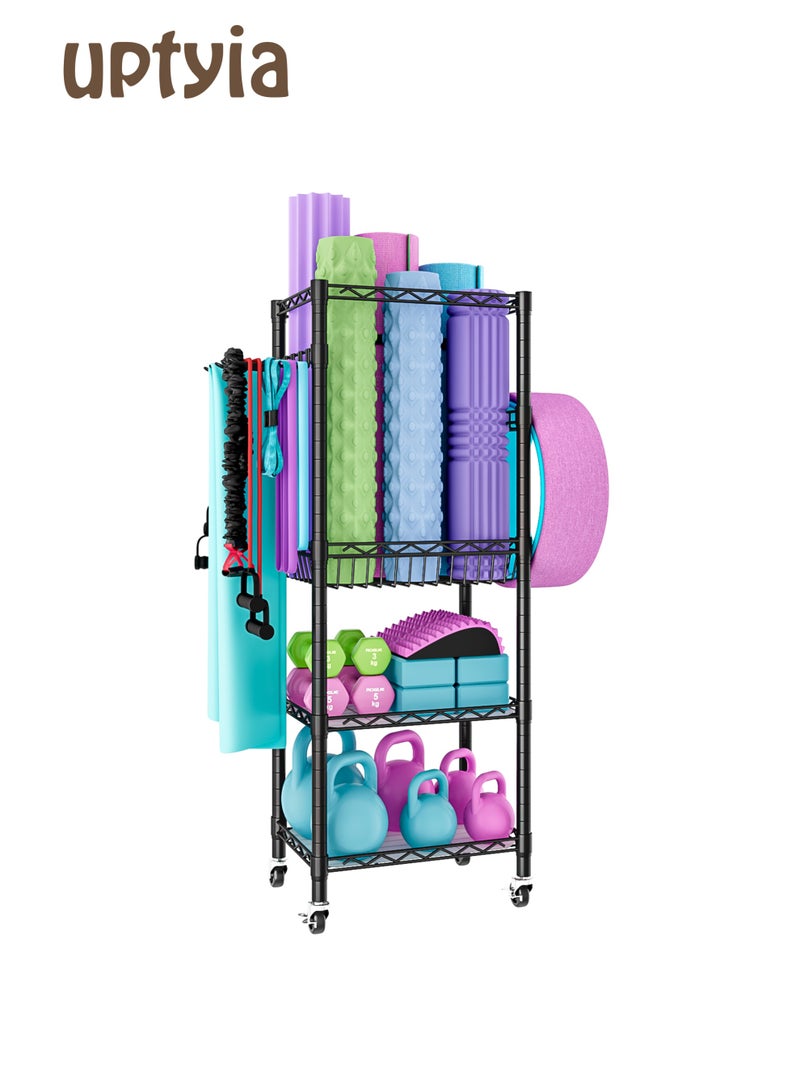 Uptyia Home Gym Storage Rack, 3-Tier Workout Equipment Organizer Dumbbell Rack with Wheels, Portable Workout Storage for Foam Roller, Yoga Mats, Dumbbells, Kettlebells and Resistance Bands - Image 1