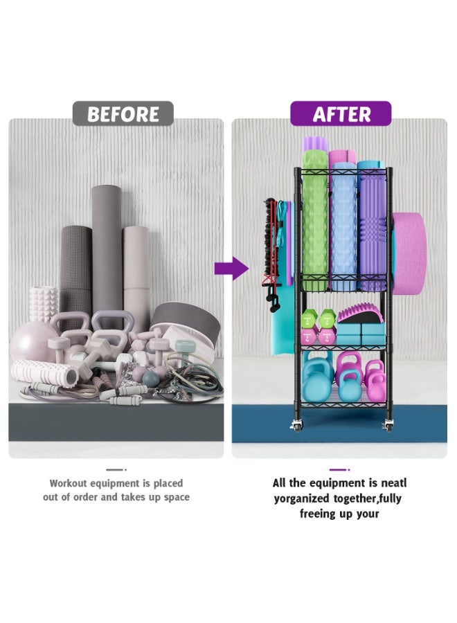 Uptyia Home Gym Storage Rack, 3-Tier Workout Equipment Organizer Dumbbell Rack with Wheels, Portable Workout Storage for Foam Roller, Yoga Mats, Dumbbells, Kettlebells and Resistance Bands - Image 4