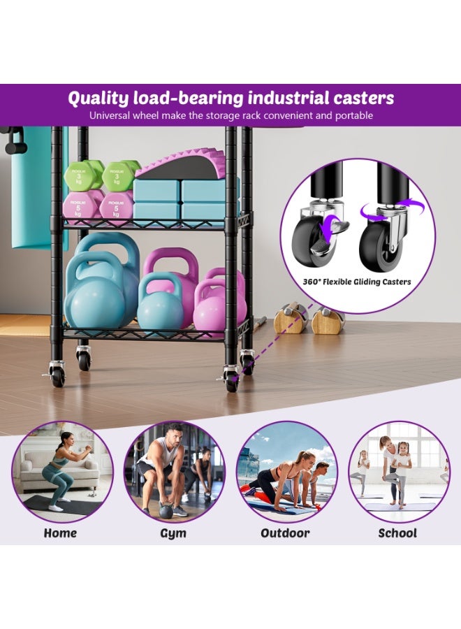 Uptyia Home Gym Storage Rack, 3-Tier Workout Equipment Organizer Dumbbell Rack with Wheels, Portable Workout Storage for Foam Roller, Yoga Mats, Dumbbells, Kettlebells and Resistance Bands - Image 5