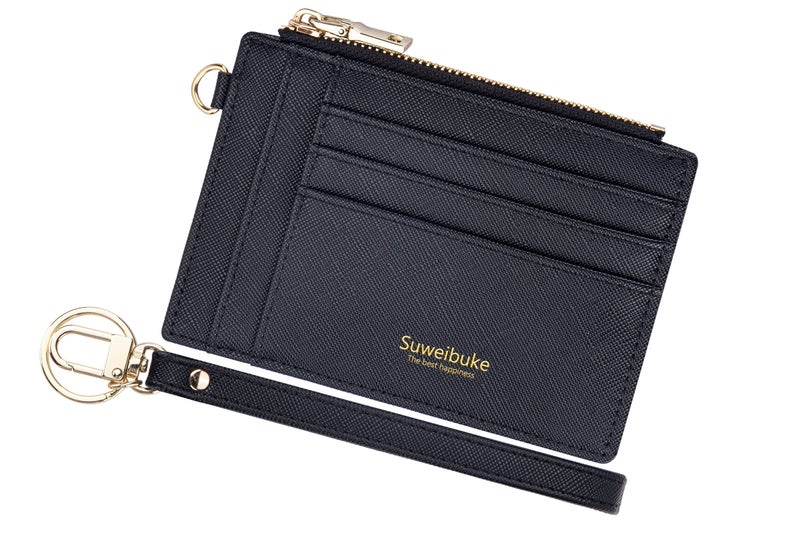 Suweibuke Women Slim Rfid Blocking Credit Card Case Holder Wristlet Zip ID Case Wallet Small Compact Leather Wallet Coin Purse with Keychain (Black a) - Image 1