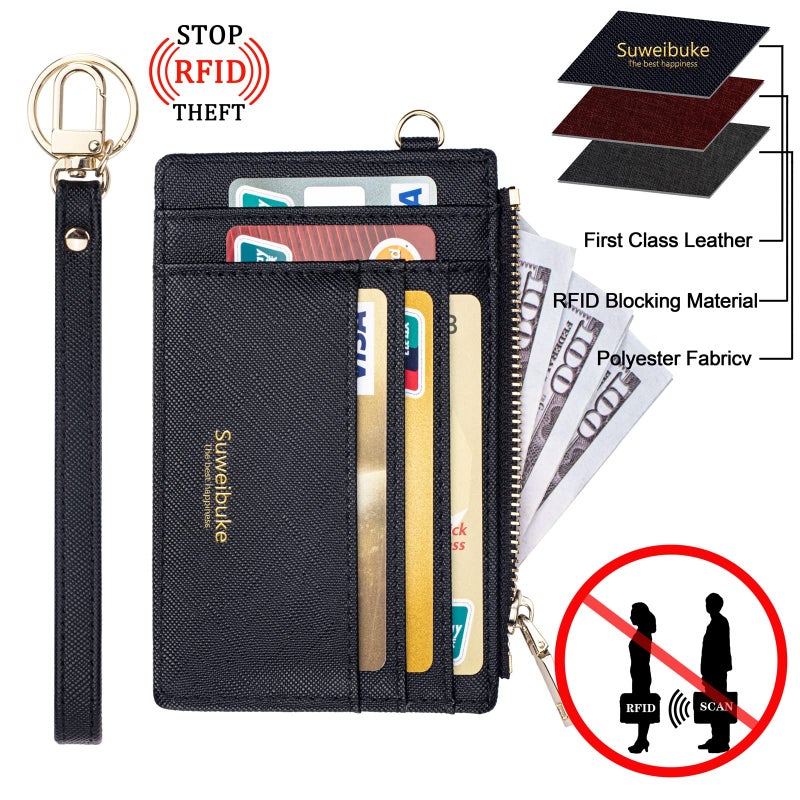 Suweibuke Women Slim Rfid Blocking Credit Card Case Holder Wristlet Zip ID Case Wallet Small Compact Leather Wallet Coin Purse with Keychain (Black a) - Image 4
