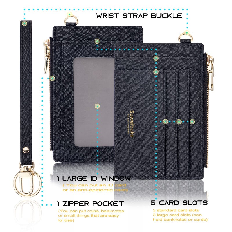 Suweibuke Women Slim Rfid Blocking Credit Card Case Holder Wristlet Zip ID Case Wallet Small Compact Leather Wallet Coin Purse with Keychain (Black a) - Image 5