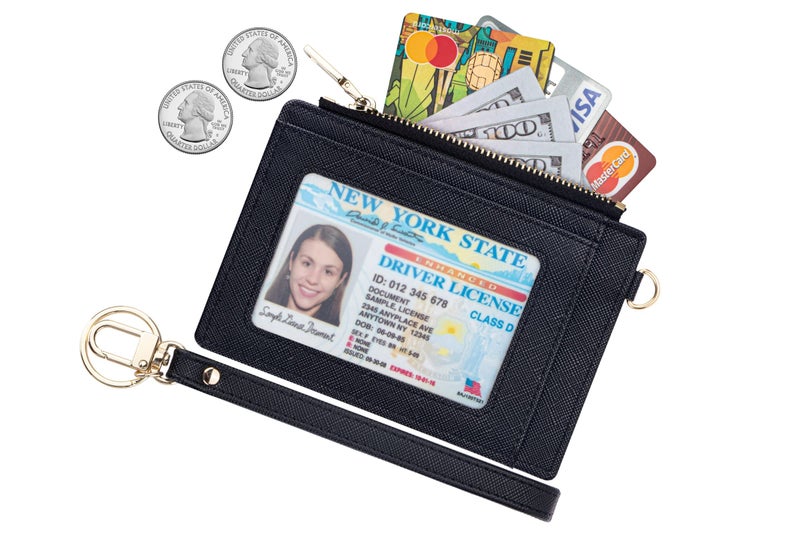 Suweibuke Women Slim Rfid Blocking Credit Card Case Holder Wristlet Zip ID Case Wallet Small Compact Leather Wallet Coin Purse with Keychain (Black a) - Image 2