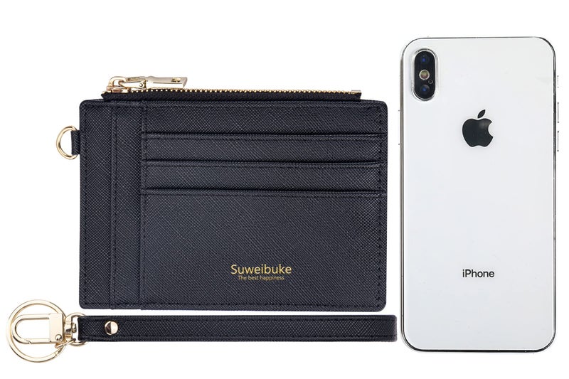 Suweibuke Women Slim Rfid Blocking Credit Card Case Holder Wristlet Zip ID Case Wallet Small Compact Leather Wallet Coin Purse with Keychain (Black a) - Image 3