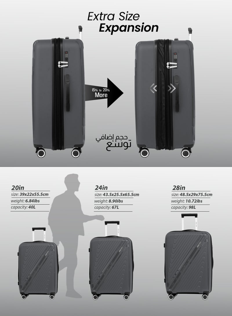 PARAJOHN PP Material 3-Piece Hardsided Luggage Set | 4-Wheel Spinner Trolley | Small (10kg), Medium (20kg), Large (30kg] Grey - Image 5