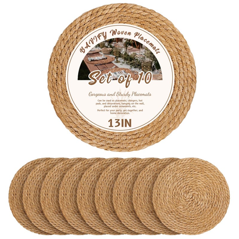 BAVIFY 13 in Round Woven Placemats Plate Chargers Set of 10, Boho Farmhouse Rustic Woven Place Mats for Dining Table Decor, Rattan Wicker Table Mats Jute Braided Chargers for Dinner Plates - Image 1