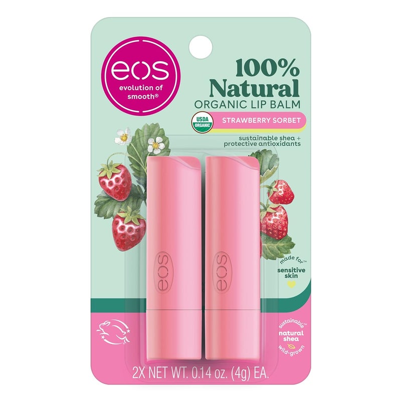eos 100 Natural  Organic Lip Balm Strawberry Sorbet Dermatologist Recommended for Sensitive Skin AllDay Moisture 014 oz 2 Pack