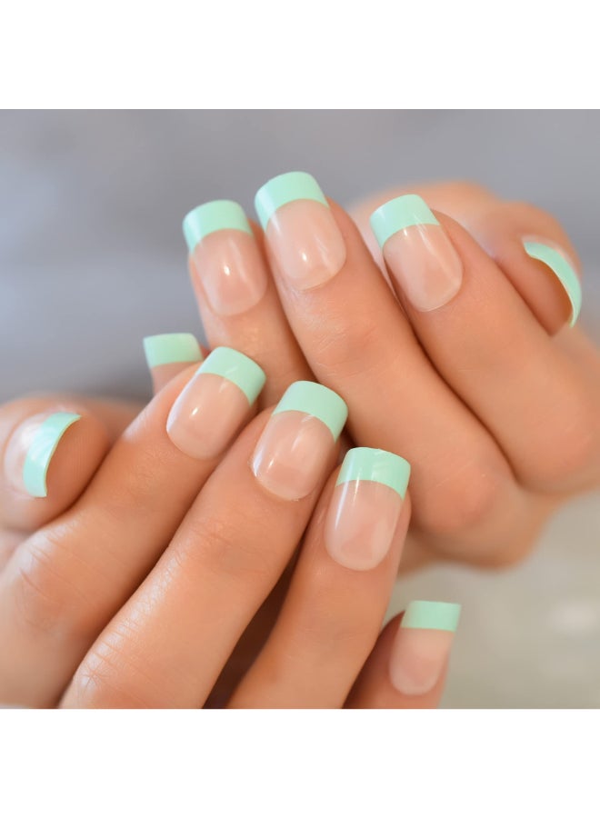 EchiQ Classical French Nail Art Tips Medium Green False Stick On Nails Natural French Miancure Short Ladys Nails Tips Acrylic Gel Fake Nail Set 24pcs - Image 2