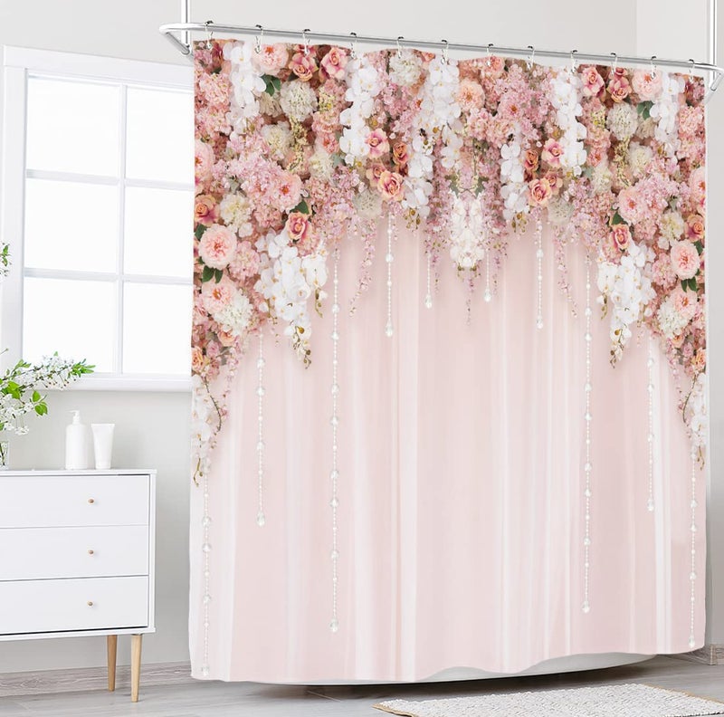 Riyidecor Bridal Floral Elegant Shower Curtain for Bathroom Decor 72Wx72H Wedding Flower Pink Rose Blossom Women Girl Spring Nature Floral Art Printed Fabric Polyester Waterproof 12 Pack Plastic Hooks - Image 2