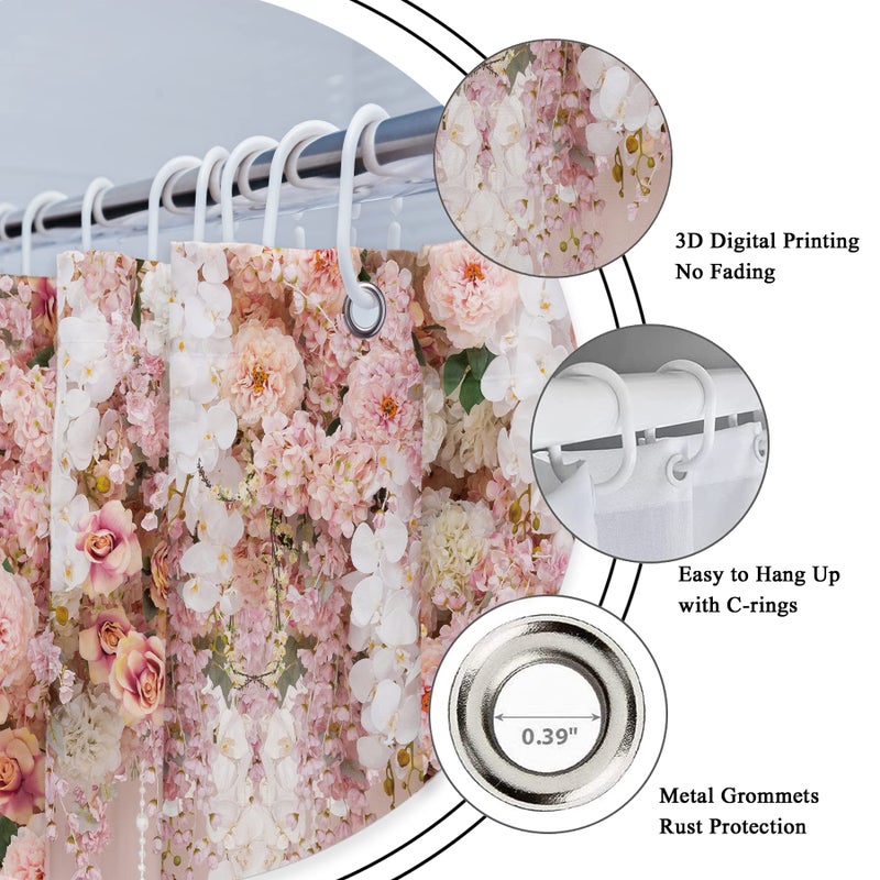 Riyidecor Bridal Floral Elegant Shower Curtain for Bathroom Decor 72Wx72H Wedding Flower Pink Rose Blossom Women Girl Spring Nature Floral Art Printed Fabric Polyester Waterproof 12 Pack Plastic Hooks - Image 4