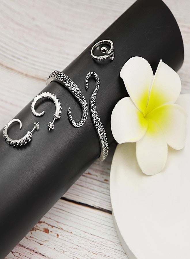 RechicGu Sea Themed Costume Jewelry Set,Octopus Tentacle Stud Earrings, Bracelet, Open Devilfish Ring,for Halloween, Mermaid or Pirate Costume,Party Gift, Vintage Silver Bangle Earring Ring - Image 3