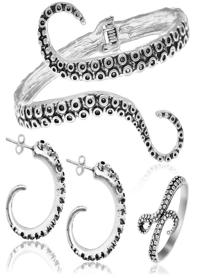 RechicGu Sea Themed Costume Jewelry Set,Octopus Tentacle Stud Earrings, Bracelet, Open Devilfish Ring,for Halloween, Mermaid or Pirate Costume,Party Gift, Vintage Silver Bangle Earring Ring - Image 1