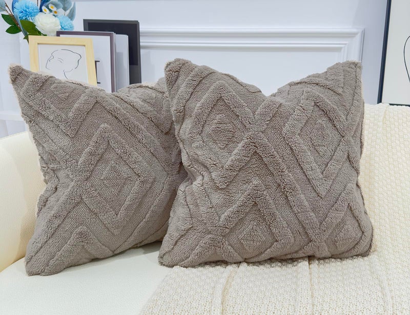 DRNOU Set of 2 Faux Fur Grey Taupe Throw Pillow Covers 20x20 Soft Checkborad Pattern Decorative Boho Pillow Cover Case Cushion Cover for Sofa Couch Bed Livingroom Farmhouse Modern Accent - Image 1