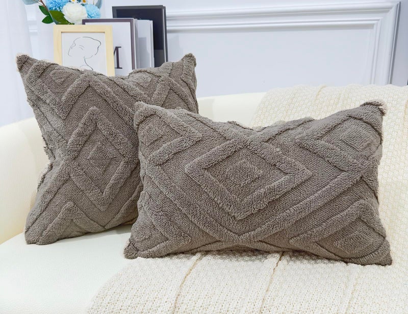 DRNOU Set of 2 Faux Fur Grey Taupe Throw Pillow Covers 20x20 Soft Checkborad Pattern Decorative Boho Pillow Cover Case Cushion Cover for Sofa Couch Bed Livingroom Farmhouse Modern Accent - Image 2
