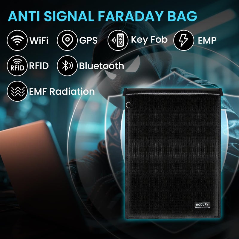 Hodufy Faraday Bag (15 x 10 inches), Faraday Cage, Cell Phone Signal Jammer, Faraday Key Fob Protector, RFID Faraday Pouch Signal Blocker Anti-Theft Pouch, Anti-Hacking Case Blocker (Black) - Image 3