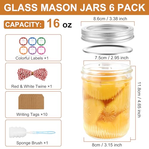 DADILL Wide Mouth Mason Jars 16 oz with Lids, 6 Pack Canning Jars with Airtight Lids and Bands, Glass Pint Jars for Pickling, Meal Prep, Preserving, Overnight Oats, Jam, Wedding Favors & Decor - Image 2
