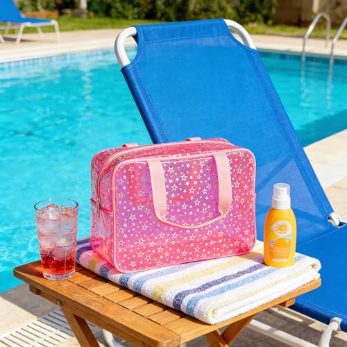 TotePrint Clear Star Large Cosmetic Bag and Travel Pouch with Handle,Durable Material,Zipper Design-Ideal for Makeup,Travel Essentials (Pink+Shiny Star) - Image 4