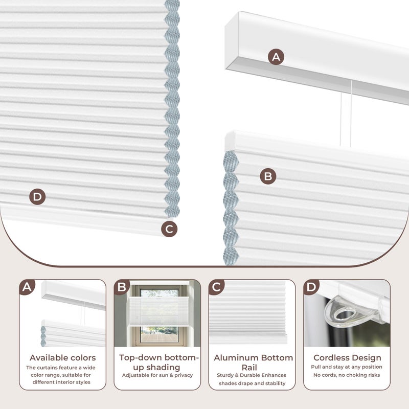 Allesin Top Down Bottom Up Cellular Shades,Blackout Blinds Noise Reduction, Cordless Cellular Shades Room Darkening Honeycomb Blinds, Light Filtering (White,35"x64") - Image 3