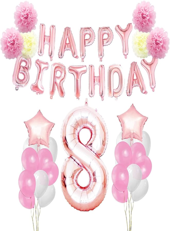 Secret Birthday Decorations Set Pink Gold 8th Happy Birthday Party Decorations Kit for Girls Giant Number 8 Helium Balloons Ribbons Pom Poms