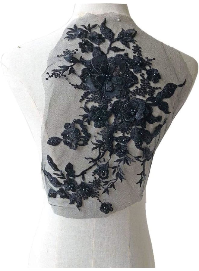 Blossom 3D Flower Applique, Beaded Sequins Flower LACE Patch Bridal Wedding Dress Embossed Beading Embroidery lace Appliques Motif Sewing Craft (Black)  - Image 1