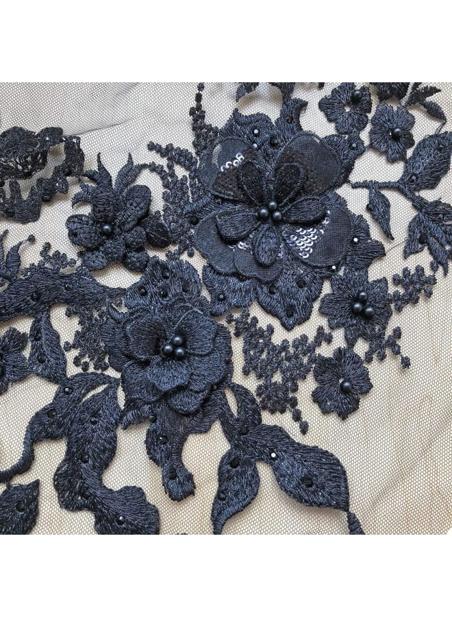 Blossom 3D Flower Applique, Beaded Sequins Flower LACE Patch Bridal Wedding Dress Embossed Beading Embroidery lace Appliques Motif Sewing Craft (Black)  - Image 4