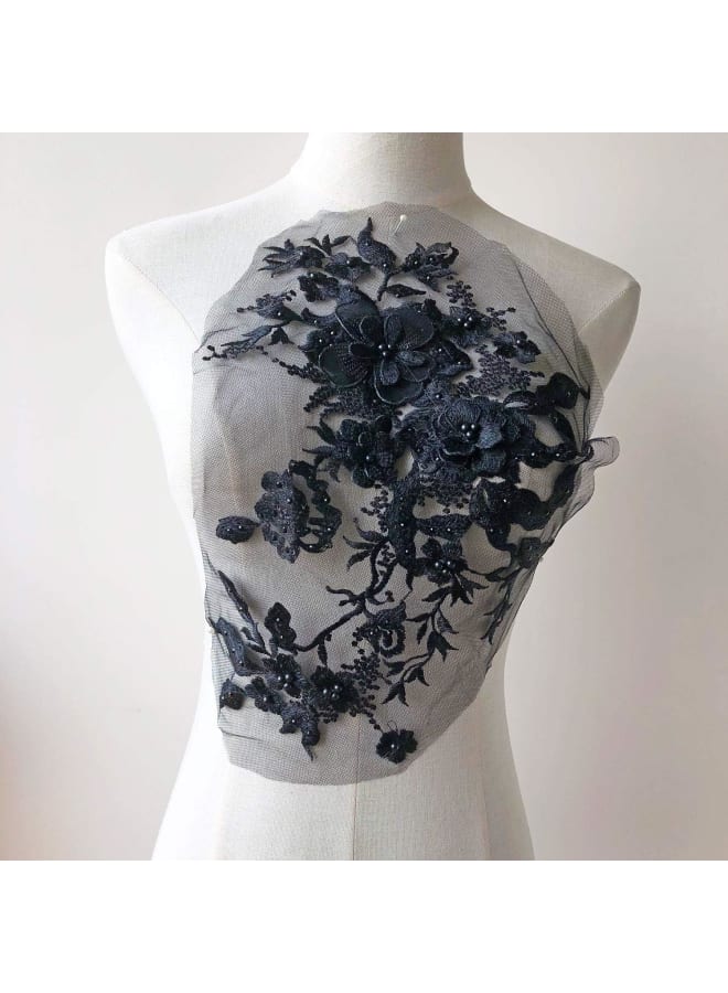 Blossom 3D Flower Applique, Beaded Sequins Flower LACE Patch Bridal Wedding Dress Embossed Beading Embroidery lace Appliques Motif Sewing Craft (Black)  - Image 3