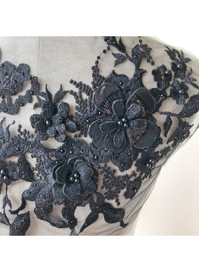 Blossom 3D Flower Applique, Beaded Sequins Flower LACE Patch Bridal Wedding Dress Embossed Beading Embroidery lace Appliques Motif Sewing Craft (Black)  - Image 5