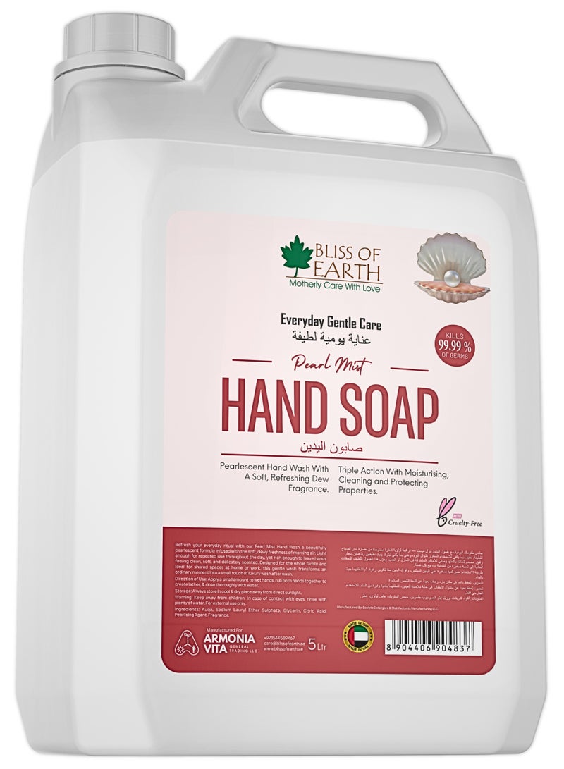 Bliss of Earth Pearl Mist Hand Wash Soap 5L Refill | Antibacterial Liquid Hand Soap with Moisturizing Formula | Gentle Pearlised Hand Wash for Home, Office, Hotel, Restaurant, Salon, Clinic, & School - Image 1