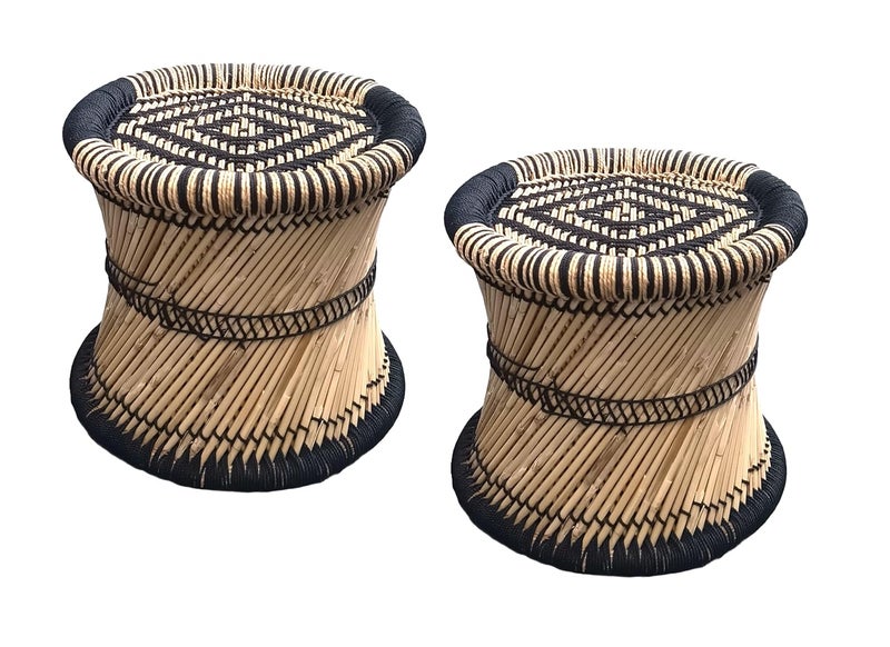 eGharonda Pure Handmade Bamboo SARKANDA mudda StoolChair for Living RoomOfficeHomeIndoorOutdoor Garden Beige Black Set of 2 14x13 Inches - Image 1