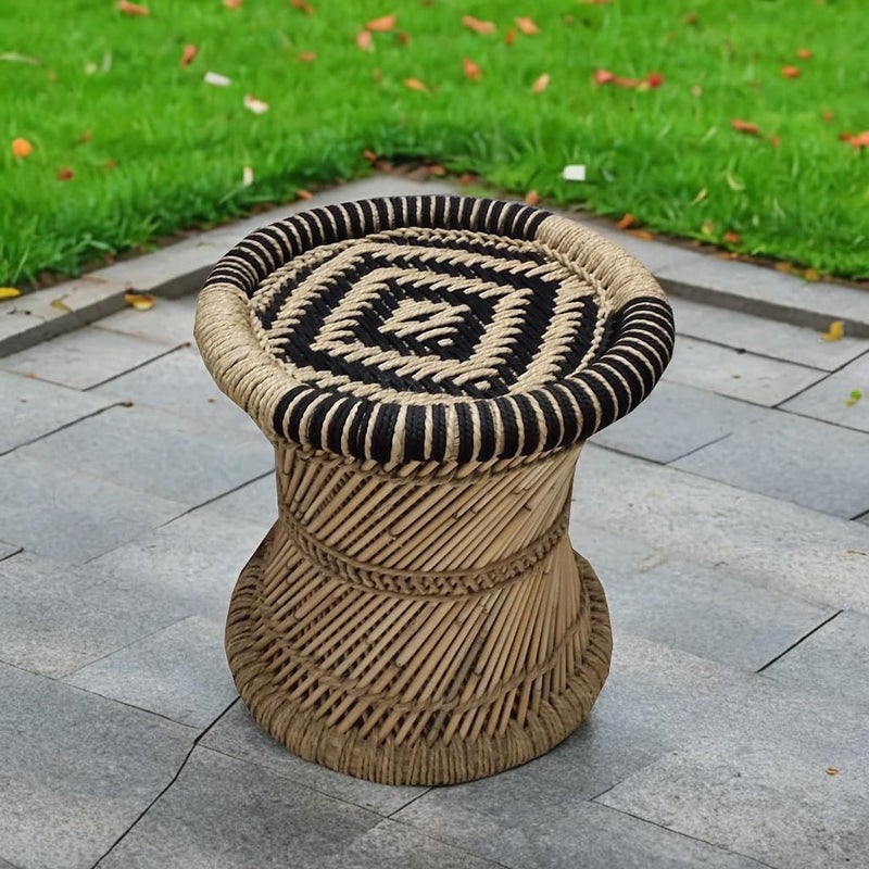 eGharonda Pure Handmade Bamboo SARKANDA mudda StoolChair for Living RoomOfficeHomeIndoorOutdoor Garden Beige Black Set of 2 14x13 Inches - Image 2