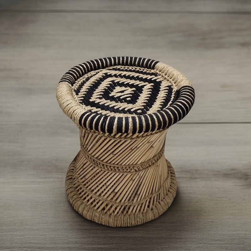 eGharonda Pure Handmade Bamboo SARKANDA mudda StoolChair for Living RoomOfficeHomeIndoorOutdoor Garden Beige Black Set of 2 14x13 Inches - Image 5