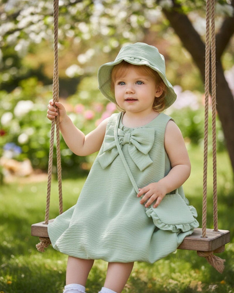 SODLON Baby Girl Dress 12 18 Months Summer Clothes Infant Vintage Bow Sage Green Bubble Dresses Linen 3-Piece Sleeveless Sundress with Hat & Bag Cute Spring Outfits for Family Photo Picnic - Image 3
