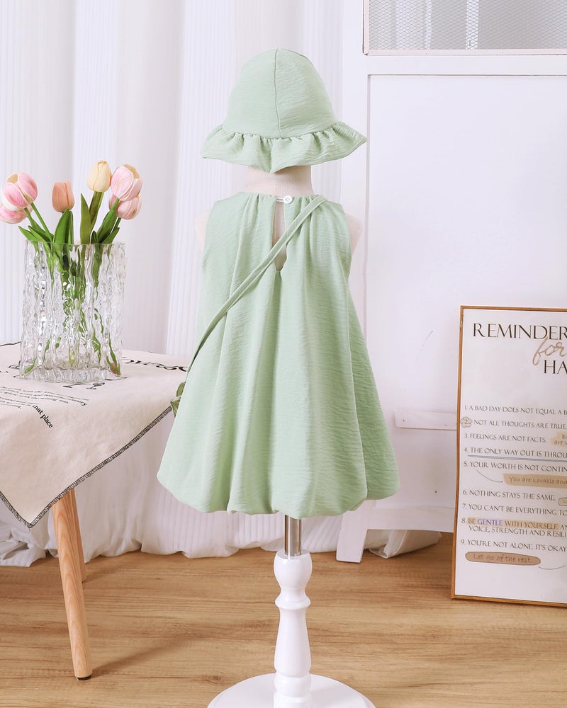 SODLON Baby Girl Dress 12 18 Months Summer Clothes Infant Vintage Bow Sage Green Bubble Dresses Linen 3-Piece Sleeveless Sundress with Hat & Bag Cute Spring Outfits for Family Photo Picnic - Image 5