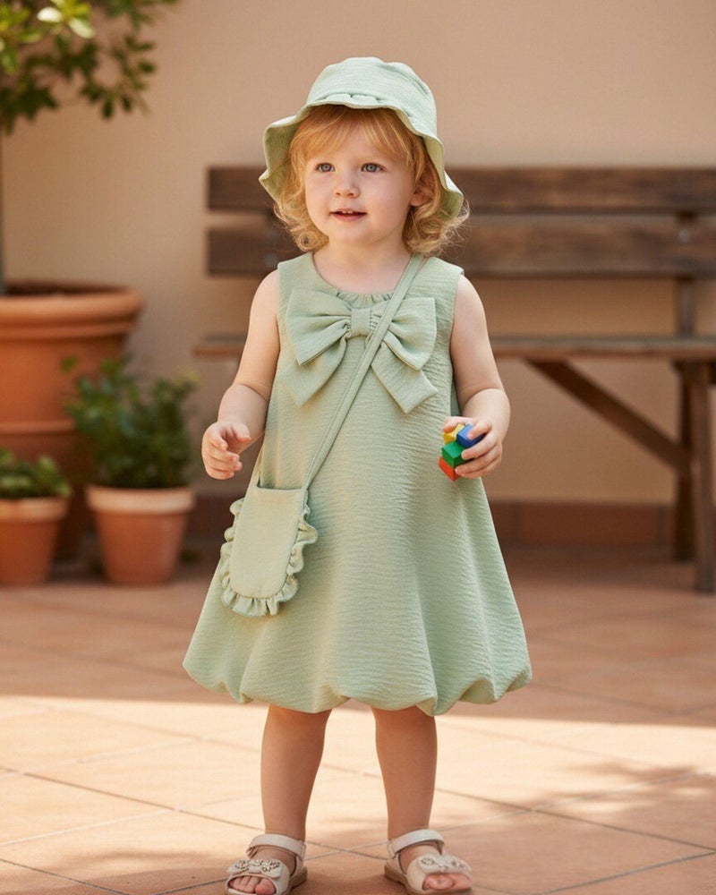 SODLON Baby Girl Dress 12 18 Months Summer Clothes Infant Vintage Bow Sage Green Bubble Dresses Linen 3-Piece Sleeveless Sundress with Hat & Bag Cute Spring Outfits for Family Photo Picnic - Image 2