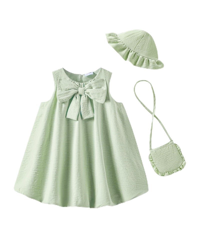 SODLON Baby Girl Dress 12 18 Months Summer Clothes Infant Vintage Bow Sage Green Bubble Dresses Linen 3-Piece Sleeveless Sundress with Hat & Bag Cute Spring Outfits for Family Photo Picnic - Image 1