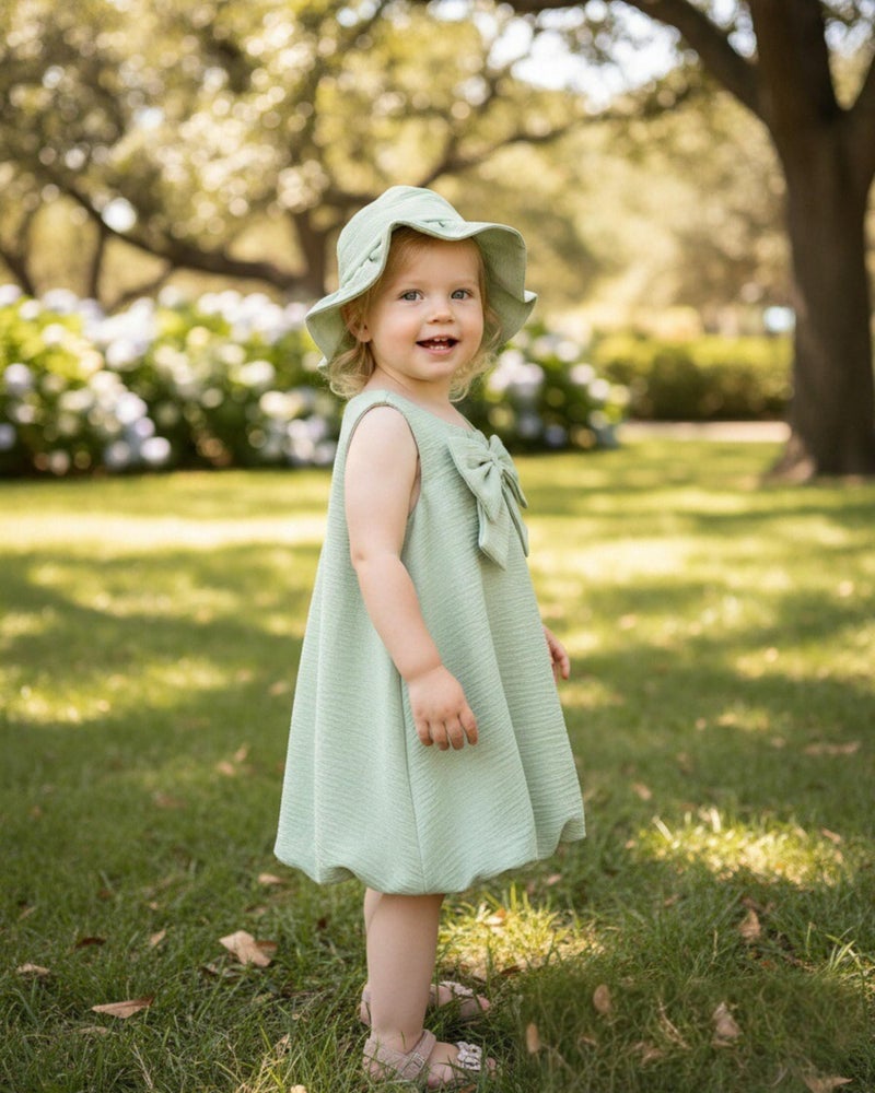 SODLON Baby Girl Dress 12 18 Months Summer Clothes Infant Vintage Bow Sage Green Bubble Dresses Linen 3-Piece Sleeveless Sundress with Hat & Bag Cute Spring Outfits for Family Photo Picnic - Image 4