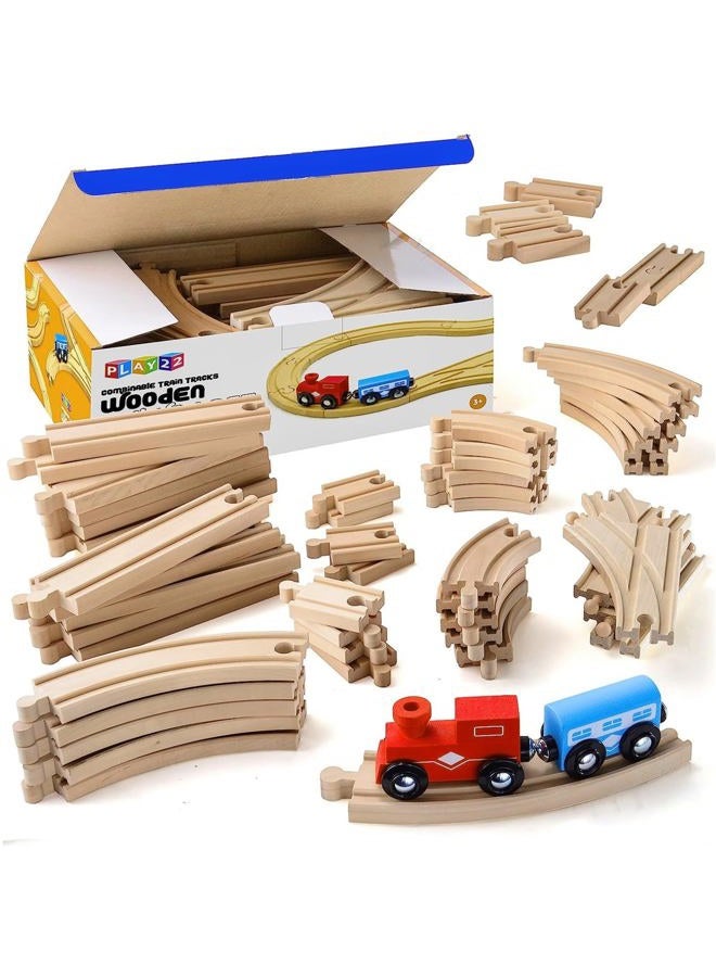 Play22 Wooden Train Tracks - 52 Pcs Set + 2 Bonus Toy Trains Sets For Kids Car Toys Is Compatible With Thomas Railway Systems And All Major Brands Original - Image 1