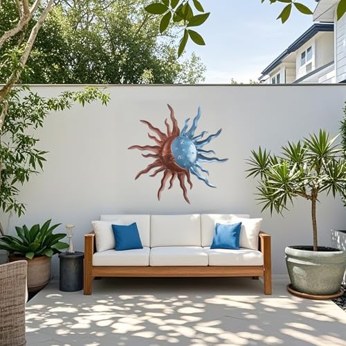 VZVXCC Metal Sun Outdoor Wall Art Decor-30 Inch Larger Size Sun Outdoor Wall Art Decor with Moon & Stars,Retro Decoration Hanging for Indoor Outdoor Garden Fence Living Room Bedroom - Image 3