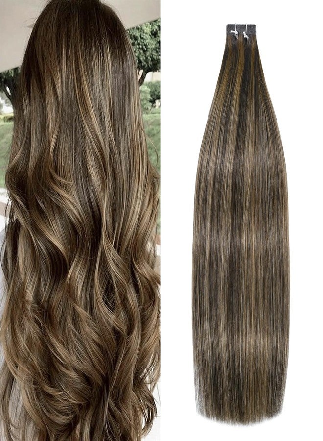 WindTouch Tape in Hair Extensions Human Hair Balayage Chocolate Brown to Caramel Blonde Invisible Tape in Hair Extensions Human Hair Skin Weft 16Inch 50g 20PCS Soft Straight Tape in Extensions - Image 1