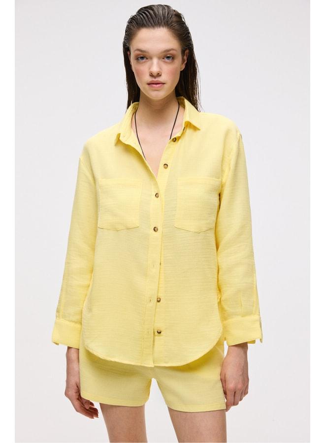 GRIMELANGE Dens Women's 100% Cotton Muslin Fabric Relaxed Fit Front Buttoned and Pocketed Yellow Shorts - Image 3