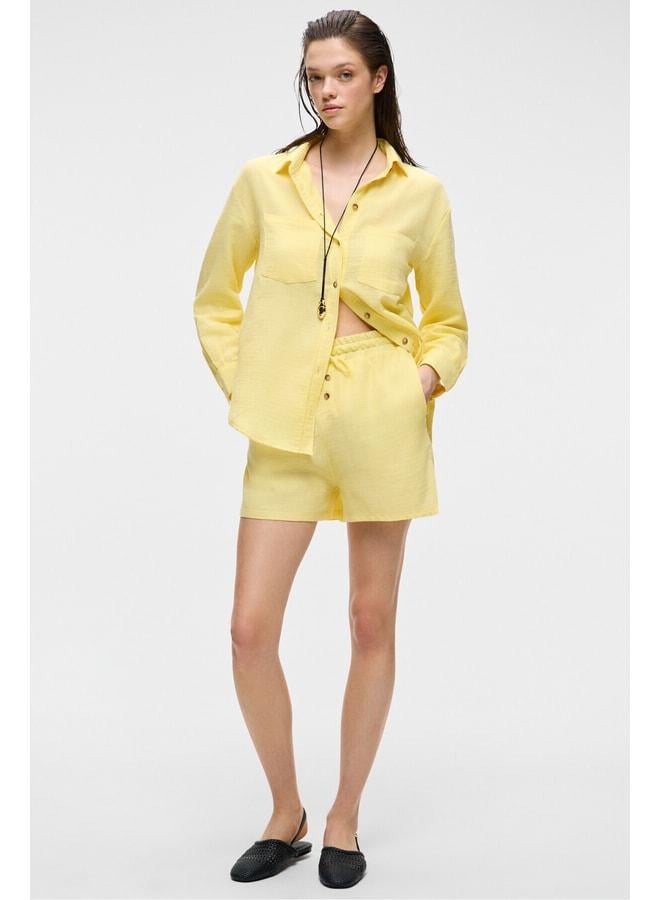 GRIMELANGE Dens Women's 100% Cotton Muslin Fabric Relaxed Fit Front Buttoned and Pocketed Yellow Shorts - Image 1