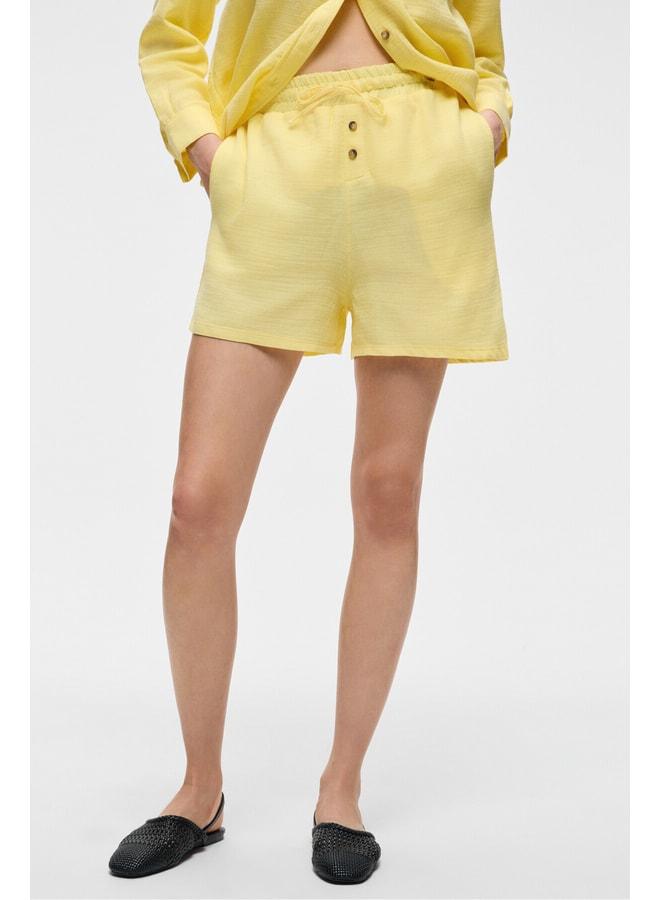 GRIMELANGE Dens Women's 100% Cotton Muslin Fabric Relaxed Fit Front Buttoned and Pocketed Yellow Shorts - Image 2