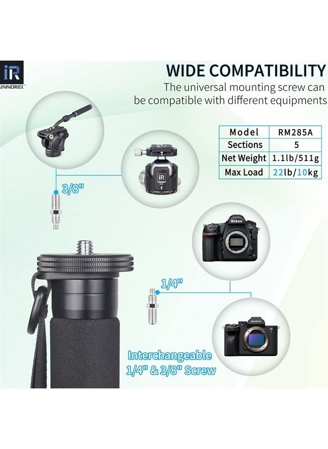RM285A Camera Monopod Professional Portable 5-Section Compact Travel Aluminum Alloy Monopod for Canon Nikon Sony DSLR Camera Video Camcorder DV Photography Bracket Load 22lbs/10kg