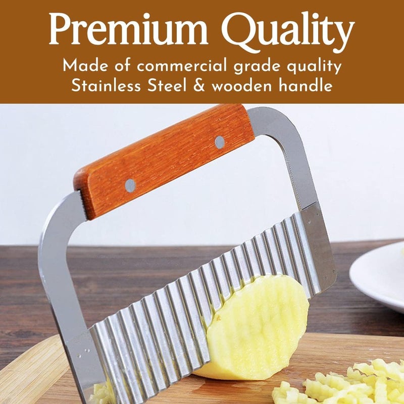 ProKitchen.Homes ProKitchen Stainless Steel Blade Wooden Handle Crinkle Cutters Vegetable Wavy Chopper French Fry Slicer Potato Knife Cutter Fruit Vegetable Salad Chopping Knife - Image 4