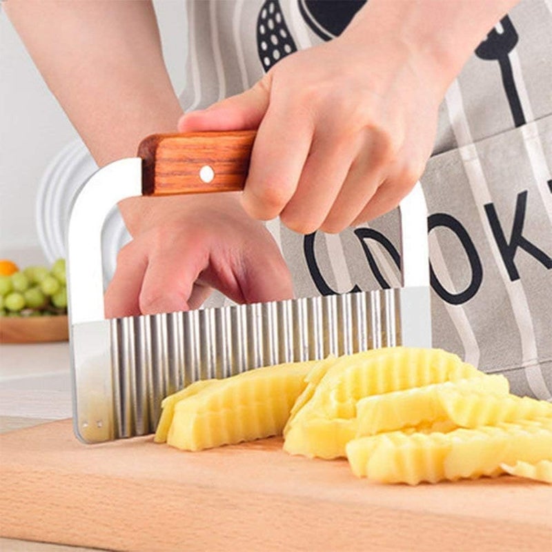 ProKitchen.Homes ProKitchen Stainless Steel Blade Wooden Handle Crinkle Cutters Vegetable Wavy Chopper French Fry Slicer Potato Knife Cutter Fruit Vegetable Salad Chopping Knife - Image 1