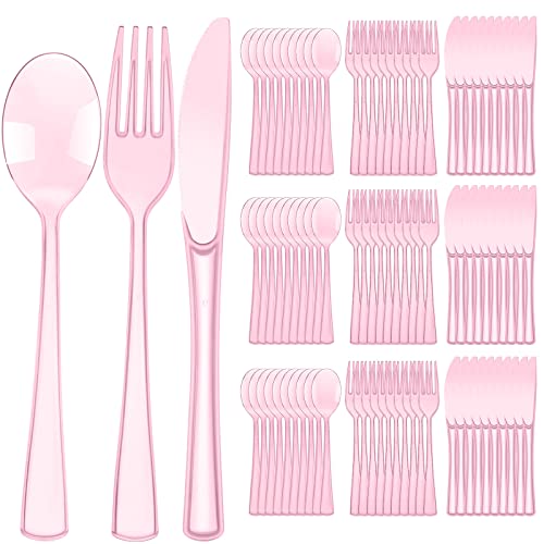 Minatee 150 Pieces Disposable Cutlery Set Plastic Silverware Heavy Duty Utensil Sets 50 Forks 50 Knives 50 Spoons for Home Office School Party Picnics Restaurant Outdoor Events(Pink) - Image 1