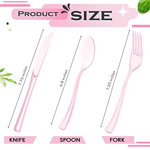 Minatee 150 Pieces Disposable Cutlery Set Plastic Silverware Heavy Duty Utensil Sets 50 Forks 50 Knives 50 Spoons for Home Office School Party Picnics Restaurant Outdoor Events(Pink) - Image 2