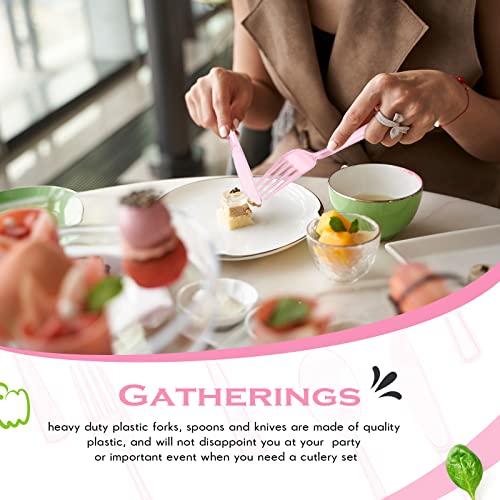 Minatee 150 Pieces Disposable Cutlery Set Plastic Silverware Heavy Duty Utensil Sets 50 Forks 50 Knives 50 Spoons for Home Office School Party Picnics Restaurant Outdoor Events(Pink) - Image 4