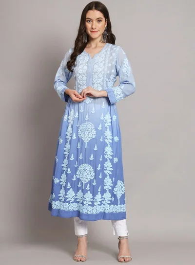 Alaya Hand Embroidered Chikankari A Line Muslin Kurta-AL3664